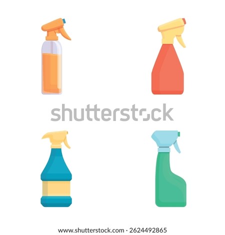 Clean spray icons set cartoon vector. Plastic cleaning spray bottle container. Container, packaging