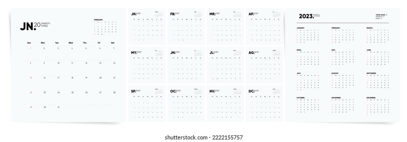 Clean and square 2023 calendar template. Week starts Sunday. Minimal modern design office template vector.