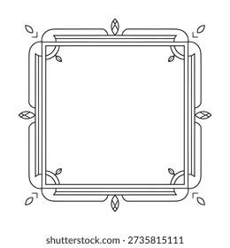 A clean, square frame featuring simple geometric lines and subtle leaf-like embellishments at each corner, in black outline.