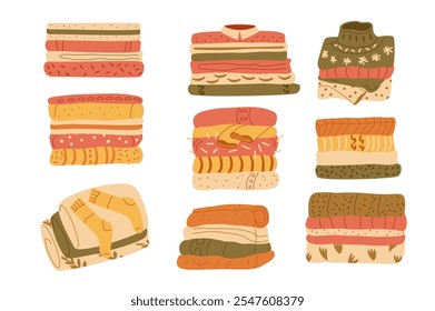 Clean stack of warm home textile and clothes set. Folded apparel collection. Vector flat illustration isolated on white background.