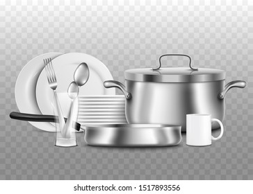 Clean steel and porcelain kitchen utensils and tableware 3d realistic vector illustration isolated on transparent background. Advertising banner for household supplies. - Shutterstock ID 1517893556