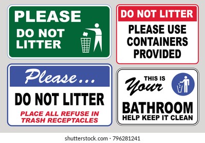 Clean sticker sign for office restroom (please do not litter, place all refuse in trash receptacles, keep our restroom clean, pitch in put trash in it's place, keep bathroom clean by wiping up)