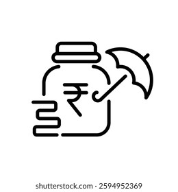 Clean Stroke Emergency Fund Icon with Savings Jar, Shield, Rupee Symbol, Umbrella, Piggy Bank, Hand Holding Coins