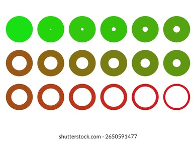 Clean and structured set of vector circles transitioning from small to large radius, with a smooth gradient of color (green, brown, red). Perfect for data visualization, UI indicators, progress icons.