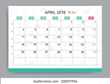 Clean style April 2016 calendar design template with business doodle background and shipping icon