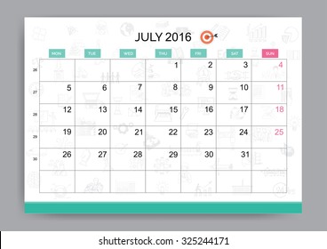 Clean style July 2016 calendar design template with business doodle background and shipping icon