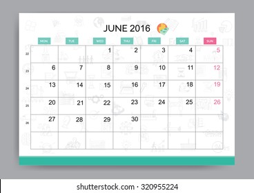 Clean style June 2016 calendar design template with business doodle background and shipping icon