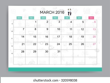 Clean style March 2016 calendar design template with business doodle background and shipping icon