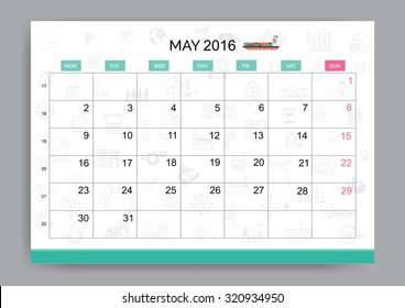 Clean style May 2016 calendar design template with business doodle background and shipping icon