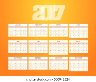 Clean Style Year 2017 Full Calendar - Week Starts Sunday