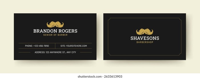 A clean and stylish barber business card template featuring a bold mustache logo and essential contact information. Perfect for barbershop branding, personal promotion, and print materials