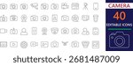 A clean and stylish camera line icon set perfect for apps, web design, and branding. Includes modern vector symbols for photography, digital cameras, and photo editing projects.