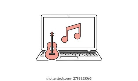 A clean, stylish illustration of a laptop displaying a guitar and musical notes symbol on its screen, perfect for music, apps, or education themes.