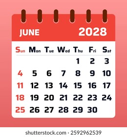 Clean and stylish June 2028 calendar, ideal for scheduling vacations, planning work projects, and keeping track of daily commitments