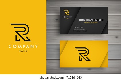 Logotipo limpo e elegante formando a letra R com modelos de cartão de visita.