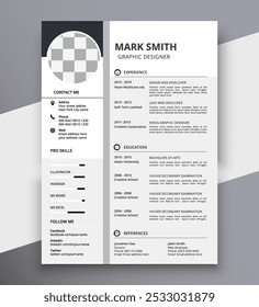 Clean and stylish modern resume cv template design with author photo space