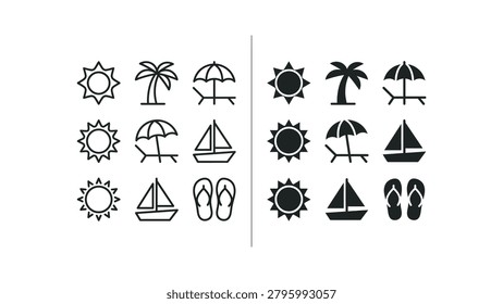 A clean and stylish set of vacation-themed icons showing sunny and cloudy weather variations, including sun, palm trees, umbrellas, sailboats, and flip-flops for versatile use in travel or lifestyle projects.