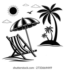 Eine saubere und stilvolle Sommer tropischen Strand Szene Silhouette mit hohen Palmen, einem entspannenden Liegestuhl, Sonnenschirm, fliegenden Vögeln und einer glühenden Sonne. Diese Illustration wurde in einem kräftigen schwarz-weißen Vektorstil entworfen und eignet sich perfekt für moderne Grafikdesign-Projekte. Ideal für T-Shirts, Poster, Wandbilder, Logos, Aufkleber, Reisemarken, Urlaubsartikel und digitale oder gedruckte Designs. Vollständig skalierbare Vektorgrafiken sorgen für scharfe Qualität in jeder Größe und arbeiten nahtlos mit hellen und dunklen Hintergründen zusammen.
