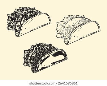 Clean and stylish taco line art collection featuring various taco styles and ingredients. Perfect for branding, packaging, digital menus, and modern food-themed design projects.