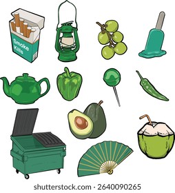 A clean and stylish vector icon set of green-colored objects. Great for design resources, infographics, UI kits, educational visuals, or themed branding concepts.