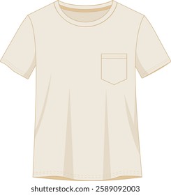 A clean and stylish vector illustration of a classic short-sleeve T-shirt with a front pocket. Designed in neutral tones with subtle stitching details.