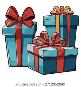 Saubere und stilvolle Vektorgrafik von drei Geschenkboxen in verschiedenen Größen mit eleganten Bögen. Alle Elemente sind auf weißem Hintergrund. Für Urlaubsmaterialien, Marketing, Verpackung, Grußkarten