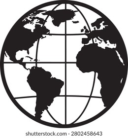 A clean, stylized black and white illustration of a globe featuring continents and oceans with grid lines for geographical reference.