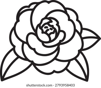 A clean, stylized black and white line drawing of a flower with detailed petals and leaves, perfect for simple illustrations and designs.