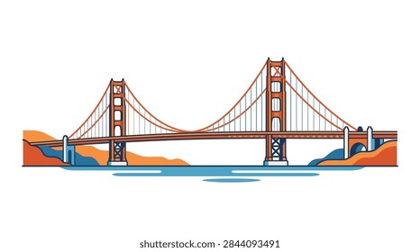 A clean, stylized flat vector graphic showing a side view of a large orange suspension bridge. The artwork features blue water, orange and blue hills, and a clear white sky. The design uses bold lines and a limited color palette, suitable for travel and tourism branding.