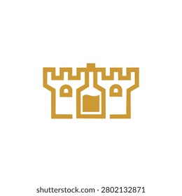 A clean, stylized vector icon cleverly combining the silhouette of a medieval fortress or castle with a bottle at its center, representing heritage, premium quality, spirits, wine, or exclusive hospitality.