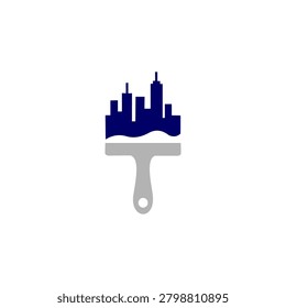 A clean, stylized vector icon merging a cityscape skyline with the top of a paintbrush, creatively symbolizing urban development, painting services, or city transformation.