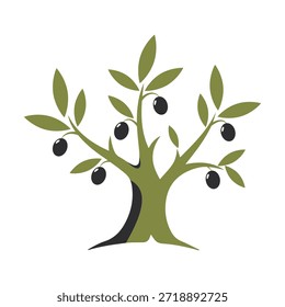 Una Ilustración vectorial limpia y estilizada de un olivo con un tronco oscuro y robusto y un exuberante follaje verde. Este moderno diseño plano presenta ramas extendidas, hojas en forma de lanza y aceitunas oscuras colgantes, que simbolizan la paz y el crecimiento orgánico. Ideal para la marca de aceite de oliva, logotipos agrícolas, envasado de alimentos y Diseño gráfico ambiental. Aislado en un fondo blanco.