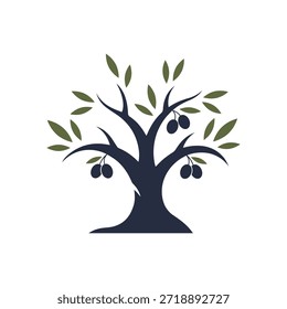 A clean, stylized vector illustration of an olive tree with a dark, sturdy trunk and lush green foliage. This modern flat design features spreading branches, lance-shaped leaves, and hanging dark olives, symbolizing peace and organic growth. Ideal for olive oil branding, agricultural logos, food packaging, and environmental graphic design. Isolated on a white background.