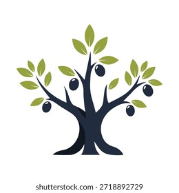 Una Ilustración vectorial limpia y estilizada de un olivo con un tronco oscuro y robusto y un exuberante follaje verde. Este moderno diseño plano presenta ramas extendidas, hojas en forma de lanza y aceitunas oscuras colgantes, que simbolizan la paz y el crecimiento orgánico. Ideal para la marca de aceite de oliva, logotipos agrícolas, envasado de alimentos y Diseño gráfico ambiental. Aislado en un fondo blanco.