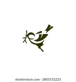 A clean, stylized vector illustration of a small bird carrying a twig in its beak, symbolizing nature, construction, and avian life.