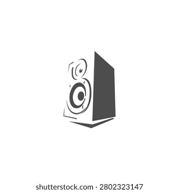 A clean, stylized vector illustration of a studio monitor or loudspeaker, designed with a dynamic perspective to convey high-fidelity sound and audio equipment.