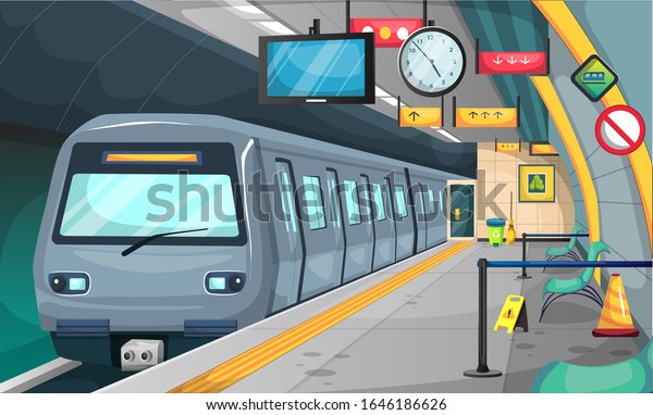 Clean Subway Train Station with Floor and\
Stop Sign, Chairs, Recycle Trash, Broom, Big Clock, TV Time for\
Vector Illustration Interior Design\
Ideas