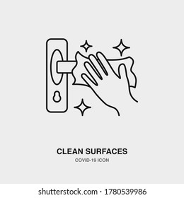 Clean Surfaces, Cleaning Door Knob Line Icon on Isolated Background. COVID-19, Corona Virus, Healthcare, Infection Concept Icon.