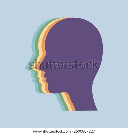 Clean surreal vector art about self-discovery and human emotions. Each layer shows a different mood, expressing how people hide their true selves.