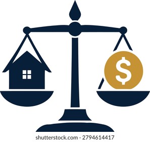 A clean, symbolic vector logo showing a classic justice scale balancing a navy blue house and a gold dollar coin. This design represents fair property pricing, real estate law