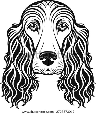 A clean and symmetrical black and white vector illustration featuring the head of a dog breed with iconic long, wavy ears, such as a Basset Hound or Spaniel. The design focuses on the breed's friendly facial expression and soft features, representing themes of loyalty, companionship, and canine character. This high-quality scalable vector is designed with smooth paths and closed loops, making it an ideal choice for vinyl cutting machines like Cricut and Silhouette, as well as laser engraving on pet accessories and custom apparel. The aesthetic is versatile, ranging from professional kennel club branding and grooming shop logos to personalized home decor and automotive window decals for dog lovers. The stark contrast between the black ink and the white background ensures high visibility across various applications, including screen printing on tote bags, sublimation for pet lover gifts, and digital stickers for mobile apps. This asset captures the gentle and soulful nature of long-eared dog breeds, providing a timeless graphic for animal enthusiasts and professional designers alike. The clean line work allows for easy resizing without any loss of detail or resolution, suitable for both large-scale signage and small-scale stationary, ensuring the message of canine friendship is communicated effectively.