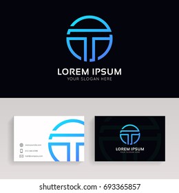 Clean T letter logo circle sign minimalistic design with brand business card.