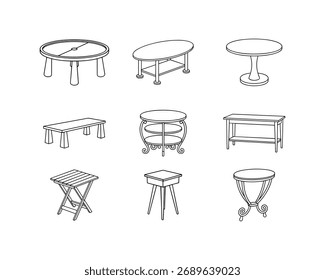 Tabelas limpas definir design de arte esboço com ícones de móveis minimalistas, perfeito para marca interior, catálogos de móveis, projetos de decoração de casa e ilustrações digitais.