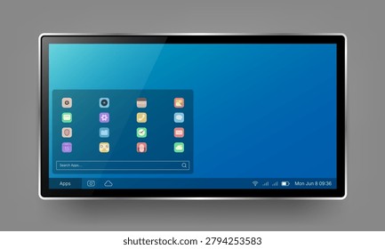 Clean tablet UI template featuring an application launcher, search functionality, status indicators, and modern dashboard layout designed for touchscreen devices, operating systems, and digital productivity platforms