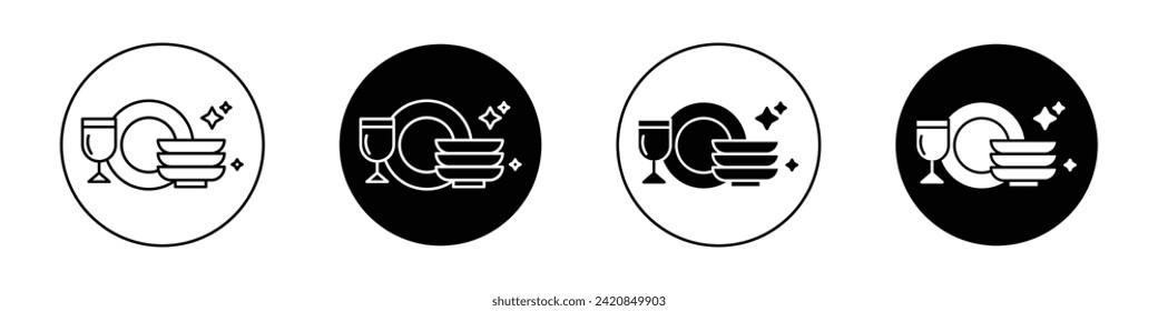 Clean Tableware Icon set. Kitchen Sink Hygiene Dishwasher Vector Symbol in Black Filled and Outlined Style. Utensil Cleaning Efficiency Sign.