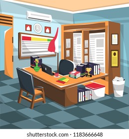 Clean Teacher Office Room with cupboard, laptop, air conditioner, brown desk and chair for Cartoon Vector Illustration Interior
