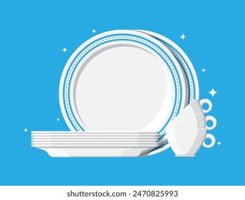 Clean teacups and ceramic plate stacked. White kitchen household cutlery after wash. Tableware and crockery. Vector illustration in flat style