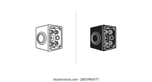 Clean technical illustrations of an electrical junction box with screw terminals and conduit entry points in two distinct graphic styles. Ideal for construction and DIY projects.