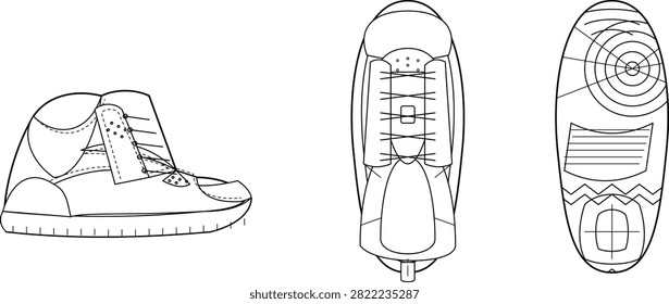Clean technical line illustration of a casual sneaker showing side, top, and outsole views. Ideal for footwear design presentations, product catalogs, fashion templates, manufacturing documentation, and commercial stock projects.