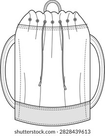 Clean technical line illustration of a drawstring backpack featuring shoulder straps, top cord closure, carry handle, reinforced seams, and a spacious main compartment. Suitable for travel, outdoor equipment, camping, fashion accessories, and product design concepts.